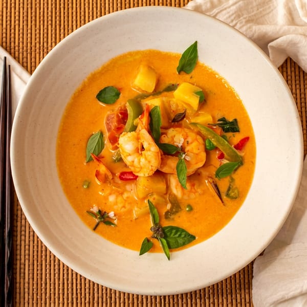 Vibrant orange shrimp curry with mango and basil, served in a white bowl with chopsticks.