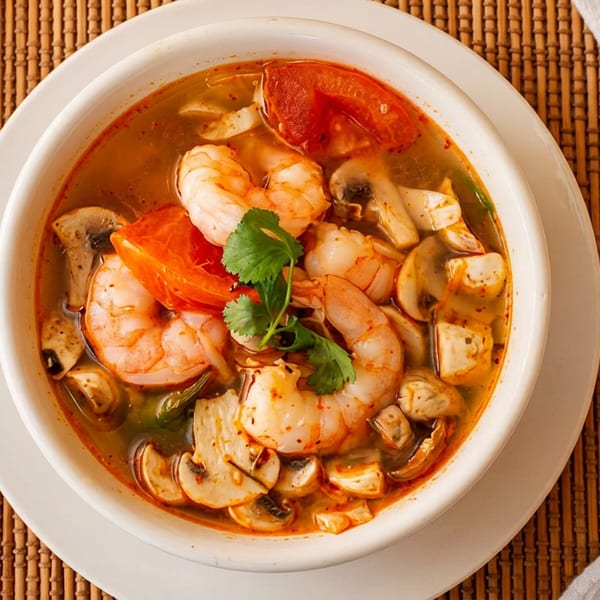Spicy shrimp soup with mushrooms, tomatoes, and cilantro in a white bowl on a woven placemat.