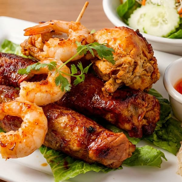 Grilled shrimp, chicken, and ribs with brown rice, sweet chili sauce, and a side salad.